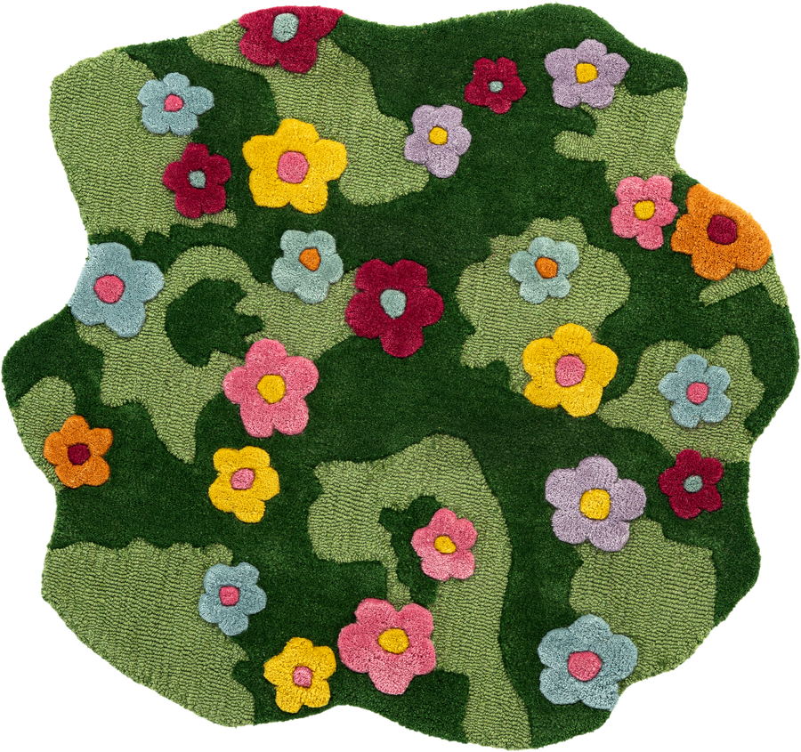 Green Happy Rugs Moss Funky Flower Wool Round